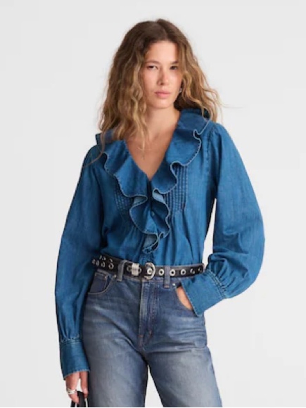 NWOT Madewell Denim Ruffled Pintuck Top
